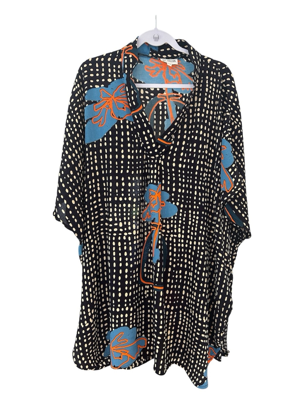 Bel Kazan L/XL Black Capitan Rayon Bali Abstract Floral Kaftan/  Tunic Top Boho